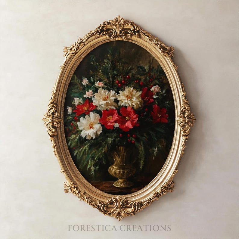 Rustic floral print combining gothic charm and cottagecore themes, featuring vivid red and white blooms in a classic bronze vase.