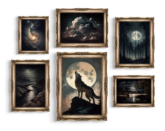 Set of 6 Night Landscape Prints | Vintage Celestial Wall Art (Digital Download)