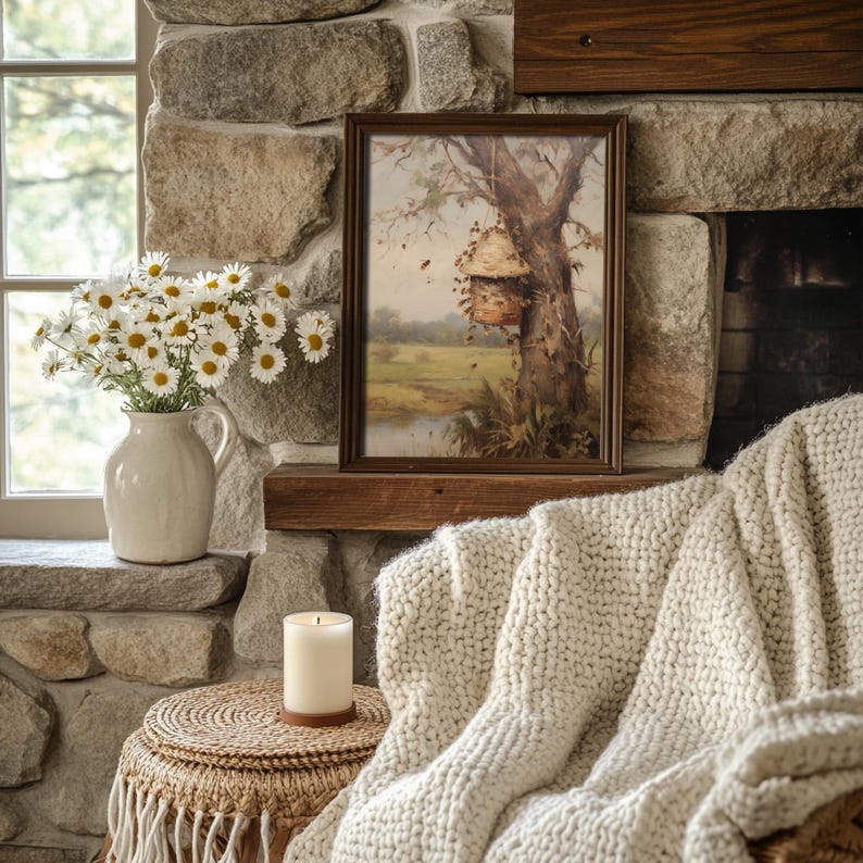Beehive and honey bee themed print, blending vintage oil painting charm with the freshness of spring, suitable for various decors.
