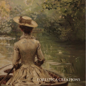 May include: A woman in a straw hat sits in a boat on a lake. The lake is surrounded by trees and the water is a light green colour. The woman is wearing a long, flowing dress and her back is to the viewer. The image is painted in a realistic style.