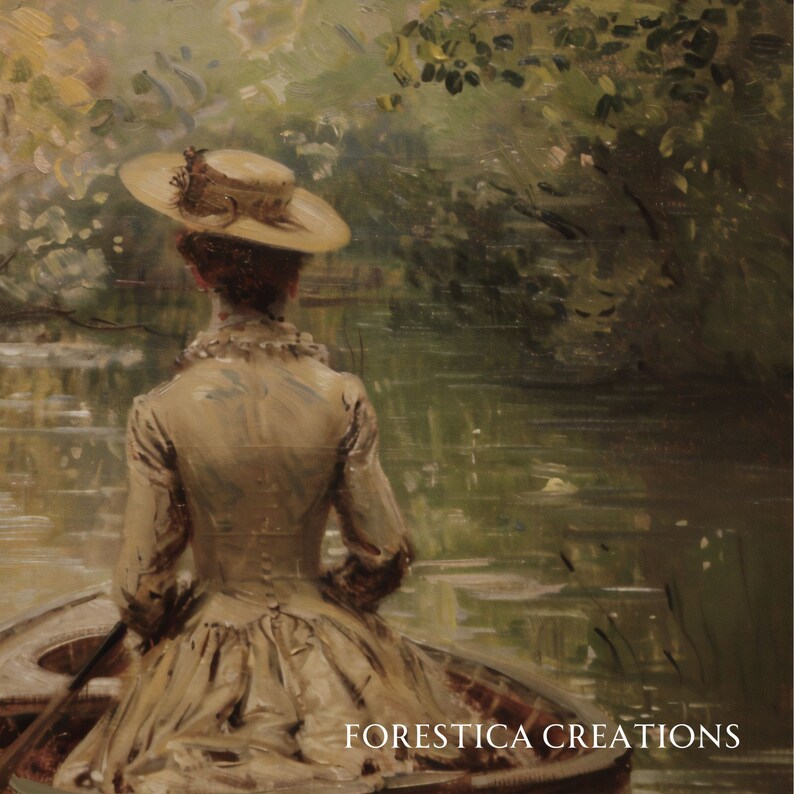 May include: A woman in a straw hat sits in a boat on a lake. The lake is surrounded by trees and the water is a light green colour. The woman is wearing a long, flowing dress and her back is to the viewer. The image is painted in a realistic style.
