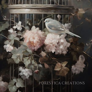 May include: A white bird sits on a branch of pink flowers inside a cage. The cage is made of metal and has a wooden top. The flowers are in bloom and have green leaves. The background is dark and blurry.
