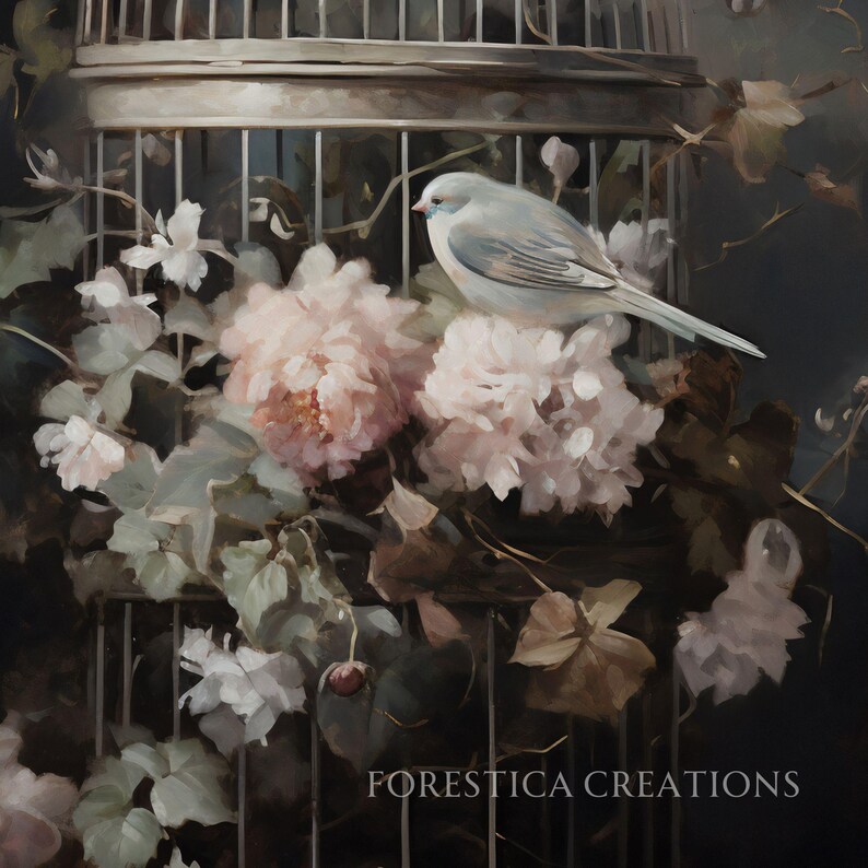 May include: A white bird sits on a branch of pink flowers inside a cage. The cage is made of metal and has a wooden top. The flowers are in bloom and have green leaves. The background is dark and blurry.