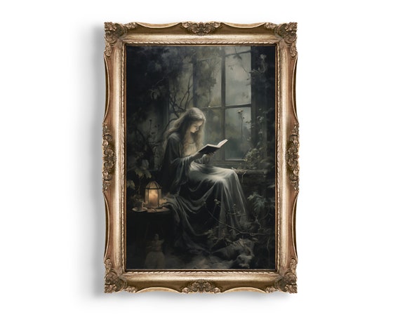 The Reader | Dark Academia Prints, Whimsigoth Decor, Dark Moody Wall Art, Goth Cottagecore Decor, Gothic Home Decor, Oil Painting Aesthetic