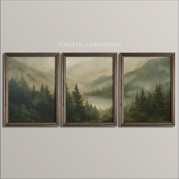 Set of 3 Misty Forest Prints | Nature Wall Art, Triptych Gallery Wall Set, 3 Piece Wall Art, Dark Green Art Prints, Woodland Nursery Prints