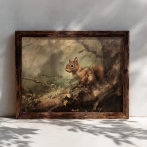 Vintage style painting of a squirrel on a branch, surrounded by moody woodland scenery, perfect for cottagecore and rustic nursery decor.