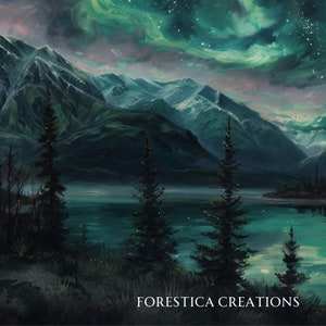 May include: A painting of a mountain range with a lake in the foreground. The sky is a vibrant green with white stars and a purple hue. The mountains are dark green and blue with snow on the peaks. Three dark green trees stand in the foreground by the lake. The text "FORESTICA CREATIONS" is at the bottom of the image.