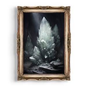 Vintage ornate frame with crystal cave artwork on neutral background, rustic and mystical wall decor.