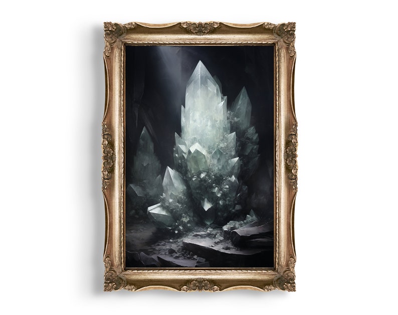Vintage ornate frame with crystal cave artwork on neutral background, rustic and mystical wall decor.