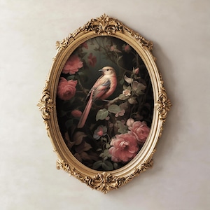 Rosenvogel | Dark Academia Drucke, Stimmungsvolles Goth-Dekor, Cottagecore, viktorianische Wandkunst, Gothic Wohnkultur, Pflanzenästhetik, Whimsigoth