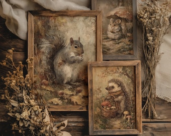 Set de láminas de animales del bosque / Decoración vintage otoñal estilo cottagecore (Descarga digital)