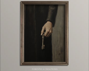 Sleutel | Dark Academia decor, antiek schilderij esthetiek, donkere Victoriaanse kunstprint, humeurige muurkunst, vintage key Art, decor donker eclectisch huis