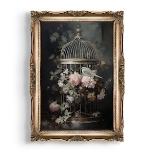 May include: A framed painting of a bird in a cage surrounded by pink flowers. The cage is made of metal and has a domed top. The bird is white and is perched on the edge of the cage. The flowers are pink and white and are arranged around the cage. The background is dark and the painting is framed in a gold frame.
