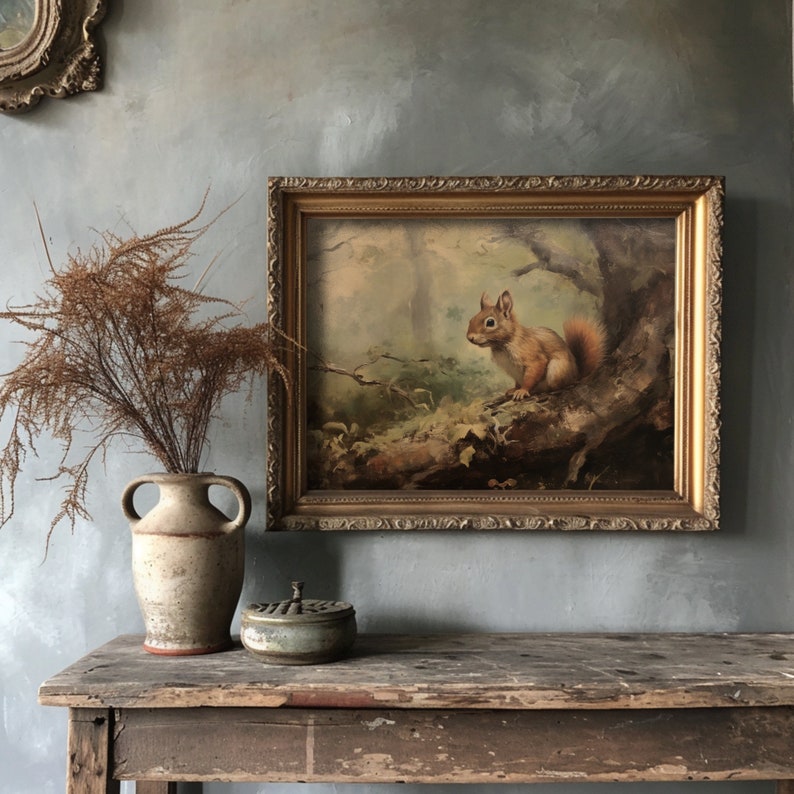 Rustic wall art featuring a charming squirrel, evoking the quiet beauty of nature in a traditional painting style.