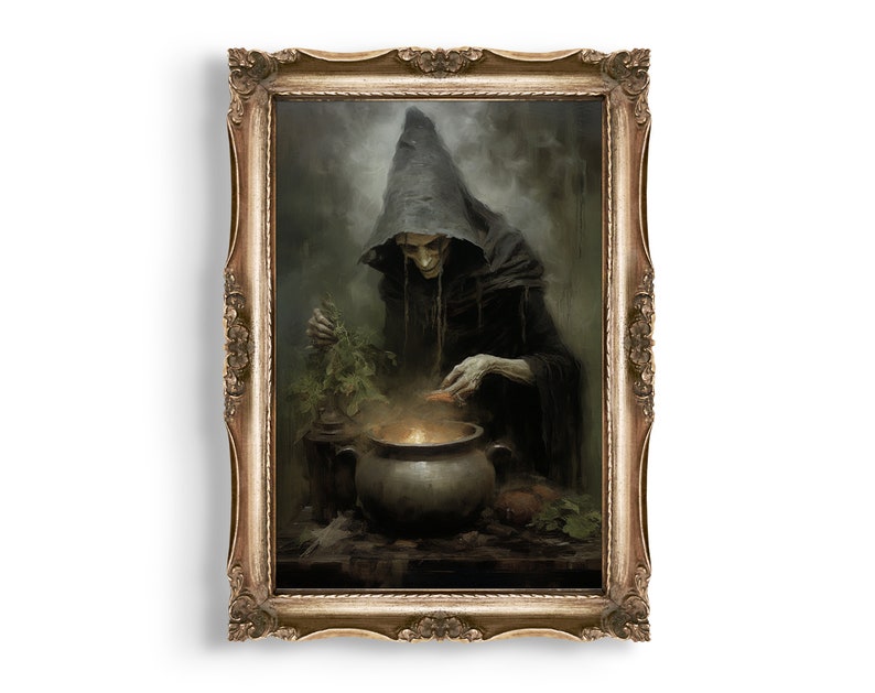 Delve into the mystique of our dark green witch stirring in her cauldron, a moody addition to your witchy room decor.