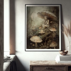 May include: A digital art print featuring a fairy sitting under a large mushroom in a forest setting. The fairy is wearing a white dress and has long, flowing hair. The mushrooms are brown and white with white spots. The background is a soft, muted green.