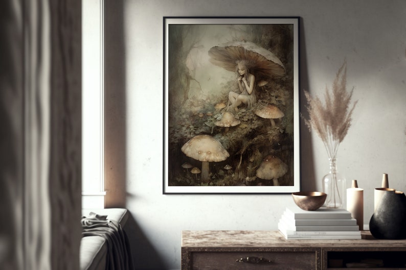 May include: A digital art print featuring a fairy sitting under a large mushroom in a forest setting. The fairy is wearing a white dress and has long, flowing hair. The mushrooms are brown and white with white spots. The background is a soft, muted green.