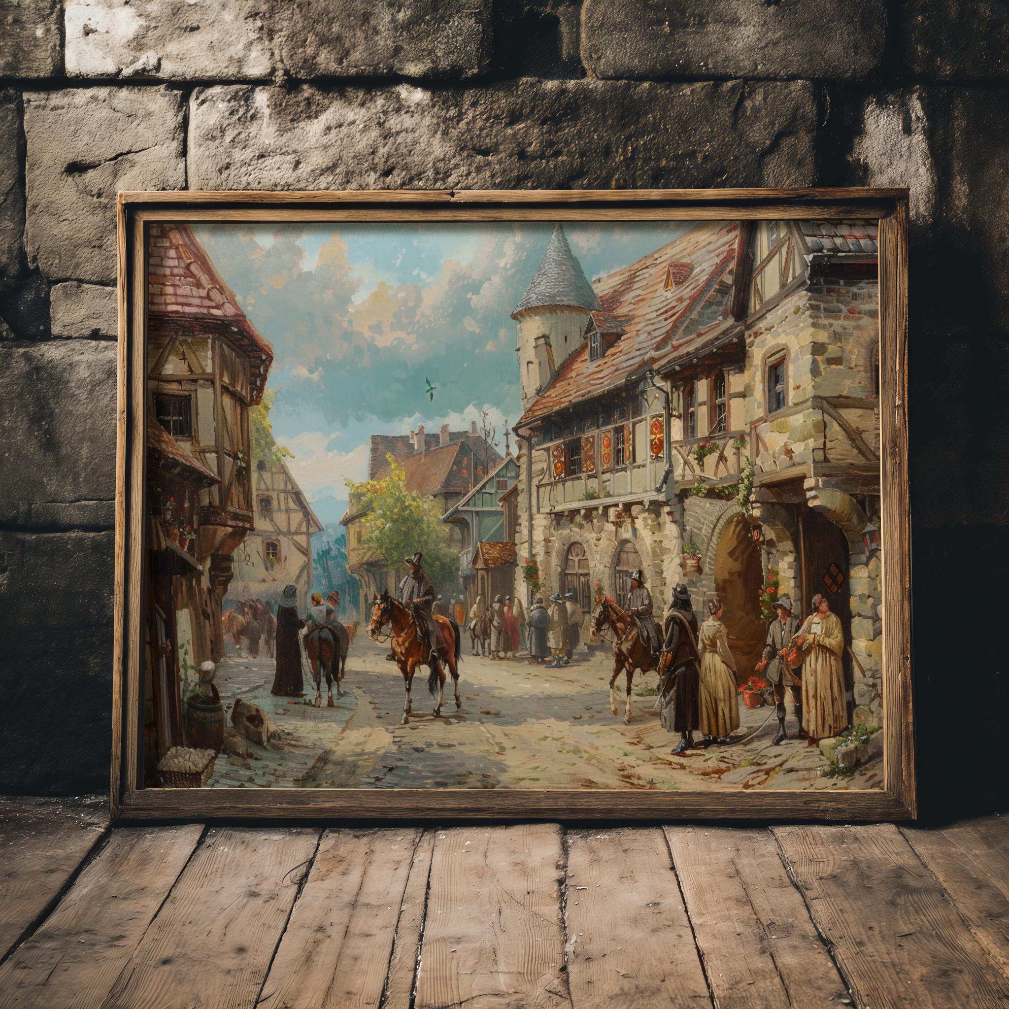 古い 襖絵 古道具 アンティーク 古美術 民画 絵画 中世の街並み | アンティーク絵画の美学、ファンタジーダンジョンズ