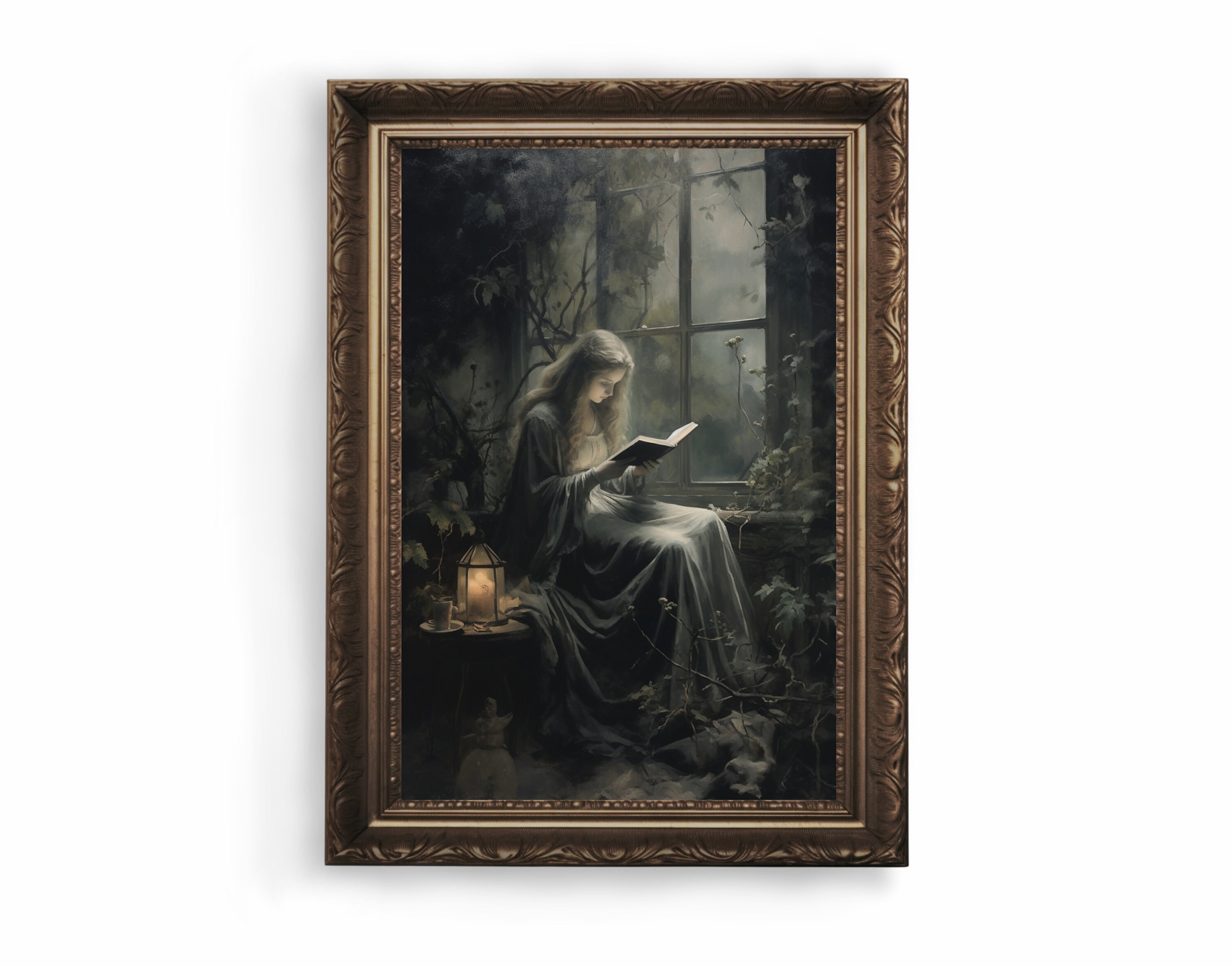 Dark Academia Wall Art Woman Reading Book Painting Vintage Victorian Wall Art Dark Picture Vintage Lady Ritratto Poster Stampe Moody Gothic Art Vintage Canvas Print per soggiorno 40,6 x 61 cm senza