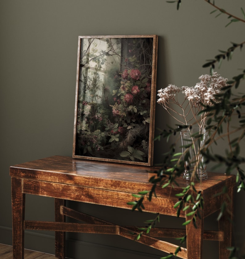 Secret Garden | Dark Cottagecore, Dark Academia Art, Vintage Floral Painting, Botanical Prints, Witch Room Decor, Dark Green Aesthetic image 3