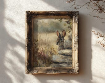 Rabbit Print: Rustic Field Landscape, Vintage Cottagecore Wall Decor (Digital Download)
