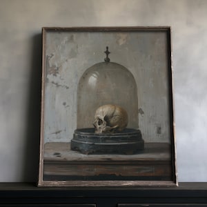 Dark academia print showcasing a skull under a glass dome, styled as a vintage oil painting with moody, dark tones.