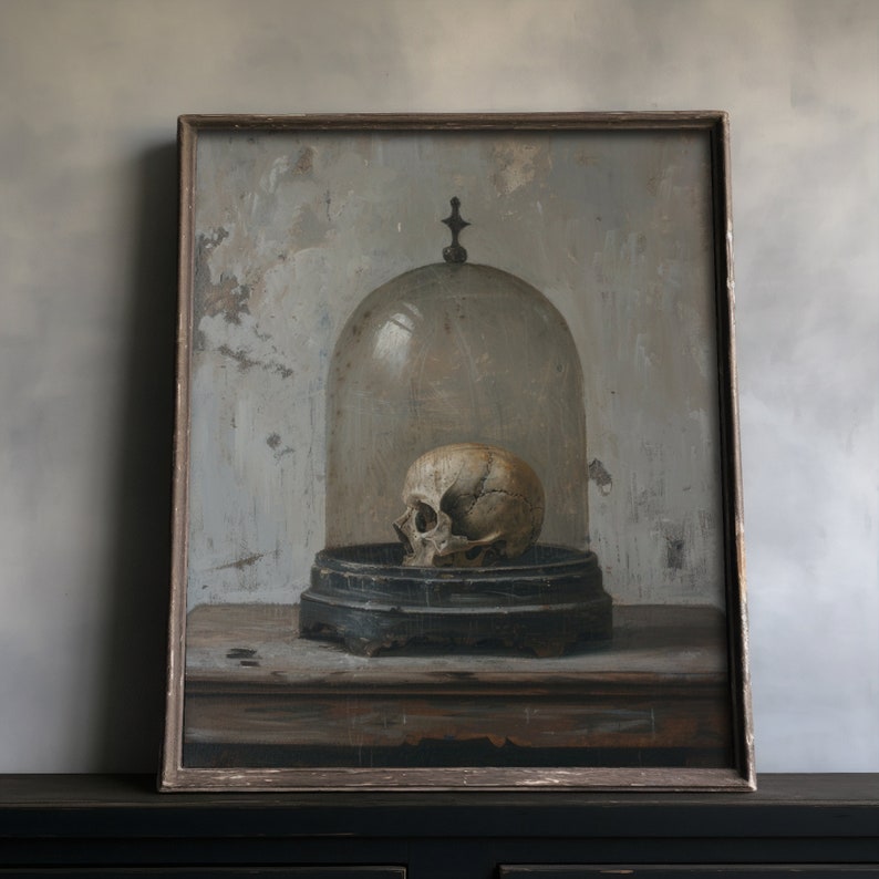 Dark academia print showcasing a skull under a glass dome, styled as a vintage oil painting with moody, dark tones.