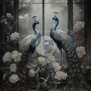 May include: Two peacocks with blue and green plumage stand in a window with white flowers and green leaves. The peacocks are facing each other and their tails are spread out.