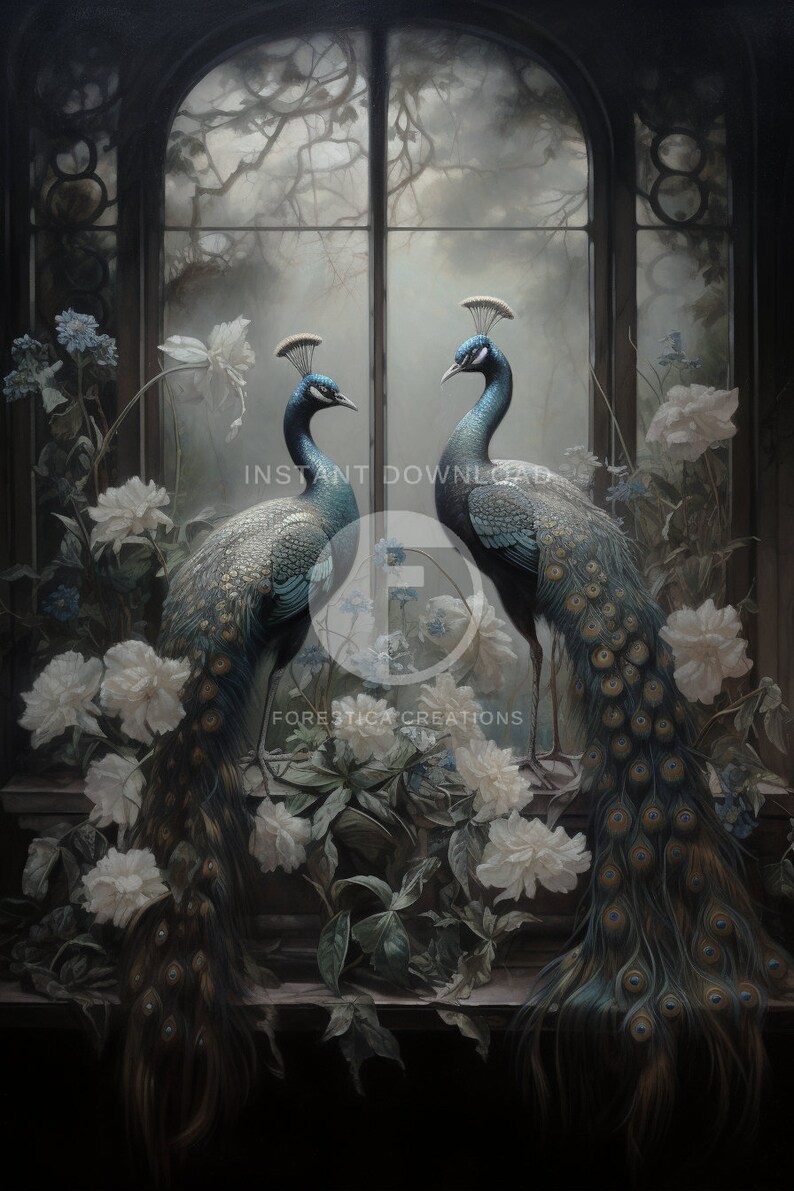 May include: Two peacocks with blue and green plumage stand in a window with white flowers and green leaves. The peacocks are facing each other and their tails are spread out.