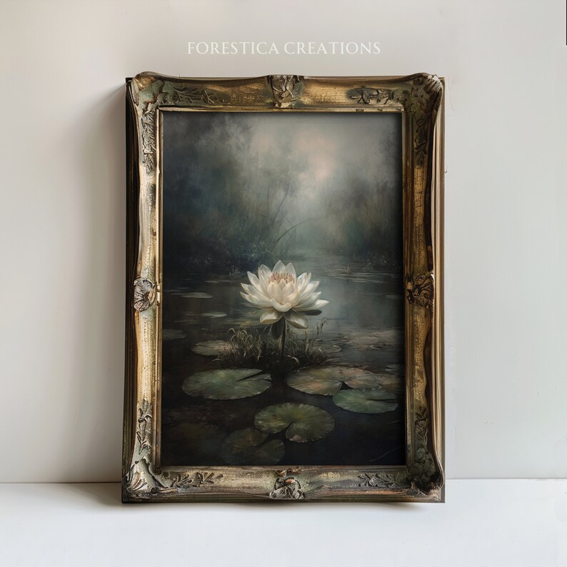 Dark floral decor featuring a water lily on a moody, mist-covered lake, ideal for gothic cottagecore aesthetics and dark academia themed wall galleries.