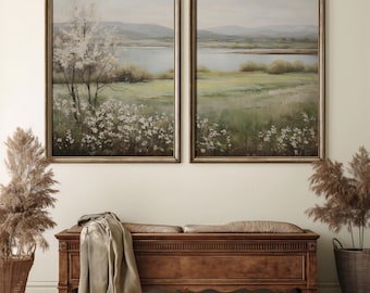 Set of 2 Spring Landscape Prints | Rustic Farmhouse Decor, Cottagecore Wall Art, Nature Home Decor, Floral Oil Painting, Vintage Aesthetic