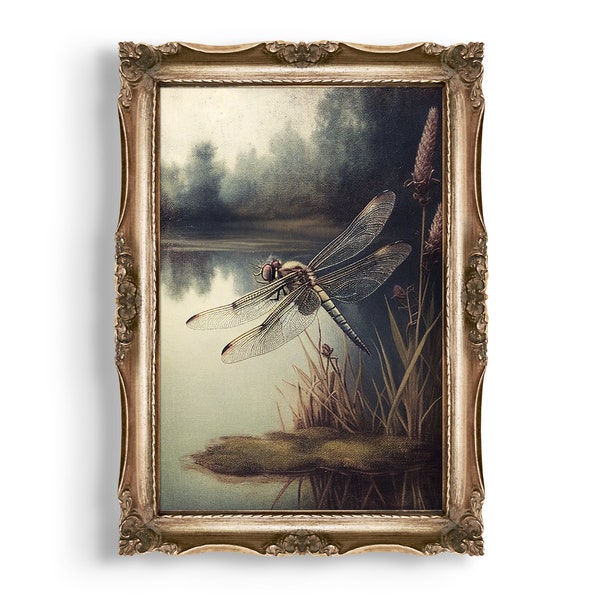 Dragonfly | Cottagecore Wall Art, Goblincore Decor, Fairycore Print, Moody Animal Printable, Lake Landscape Oil Painting, Antique Aesthetic