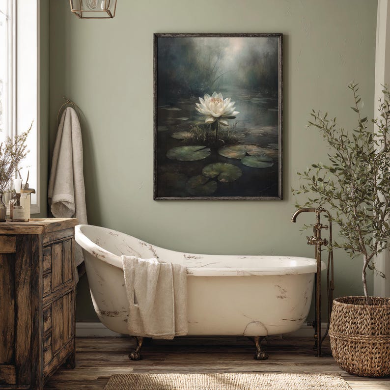 Botanical print with a single luminescent water lily, offering a dark, mystical ambience for goblincore decor enthusiasts.