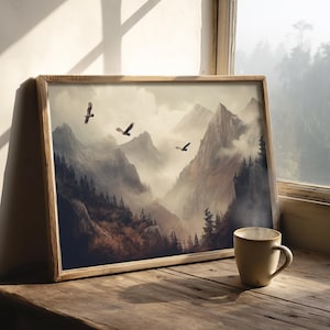 Águilas en vuelo / Decoración de estilo cottagecore, impresiones de paisajes de vida silvestre, estética natural, impresión digital de pintura al óleo antigua, arte de aves