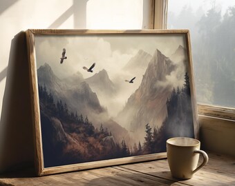 Eagles Flying High | Cottagecore Farmhouse Decor, Wildlife Landscape Prints, Nature Aesthetic, Antique Oil Painting Digital Print, Bird Art