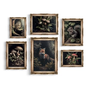 Set of 6 Cottagecore Prints | Forest Gallery Wall Set, Mushroom Decor, Dark Botanical Oil Painting Printable, Vintage Animal Wall Art
