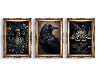 Set of 3 Dark Cottagecore Prints | Vintage Gallery Wall Set, Gothic Room Decor, Antique Goth Painting, Triptych Wall Art, Whimsigoth Decor