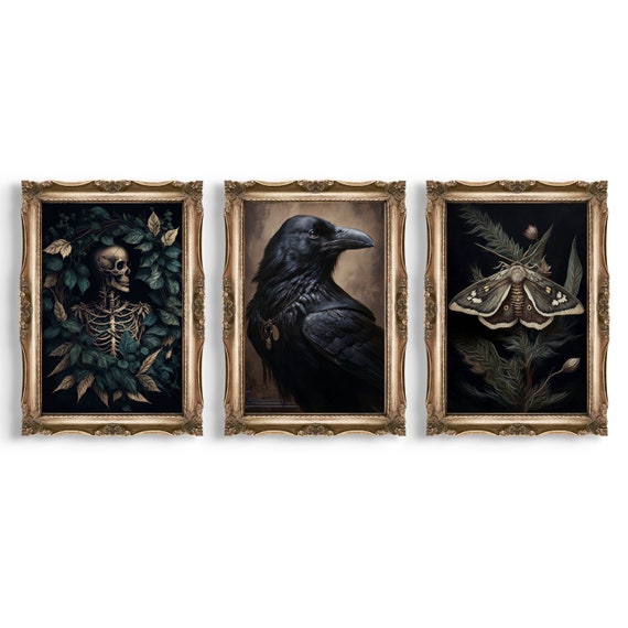 Set of 3 Dark Cottagecore Prints | Vintage Gallery Wall Set, Gothic Room Decor, Antique Goth Painting, Triptych Wall Art, Whimsigoth Decor