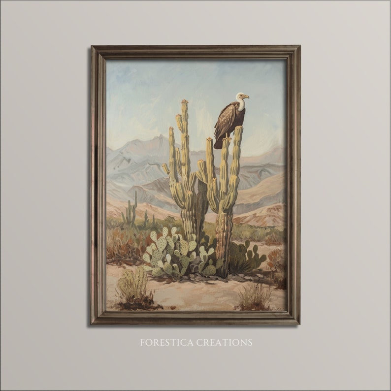 Rustic farmhouse art print featuring a vulture perched on a cactus in a desert landscape with mountains in the background.