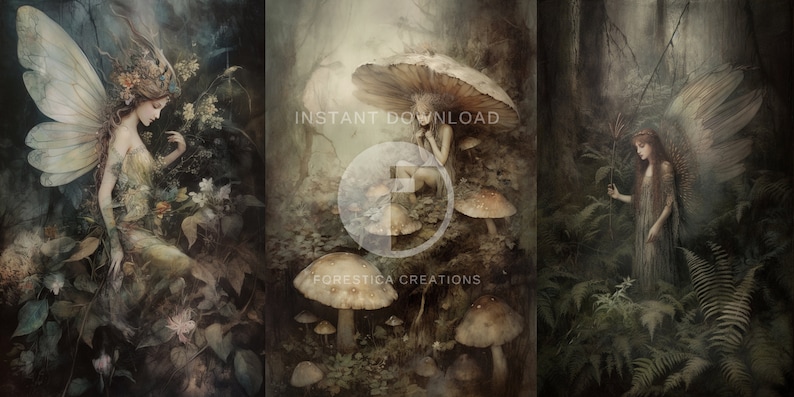 May include: A triptych of digital art prints featuring ethereal fairy figures in a mystical forest setting. The artwork includes fairies with large wings, mushrooms, and lush foliage. The text "INSTANT DOWNLOAD" and "FORESTICA CREATIONS" are visible.