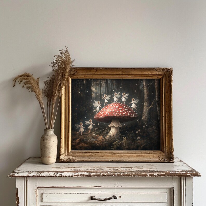 Dark cottagecore artwork featuring fairies dancing around a mushroom, set in a mystical forest, perfect for whimsical and woodland-themed decor.