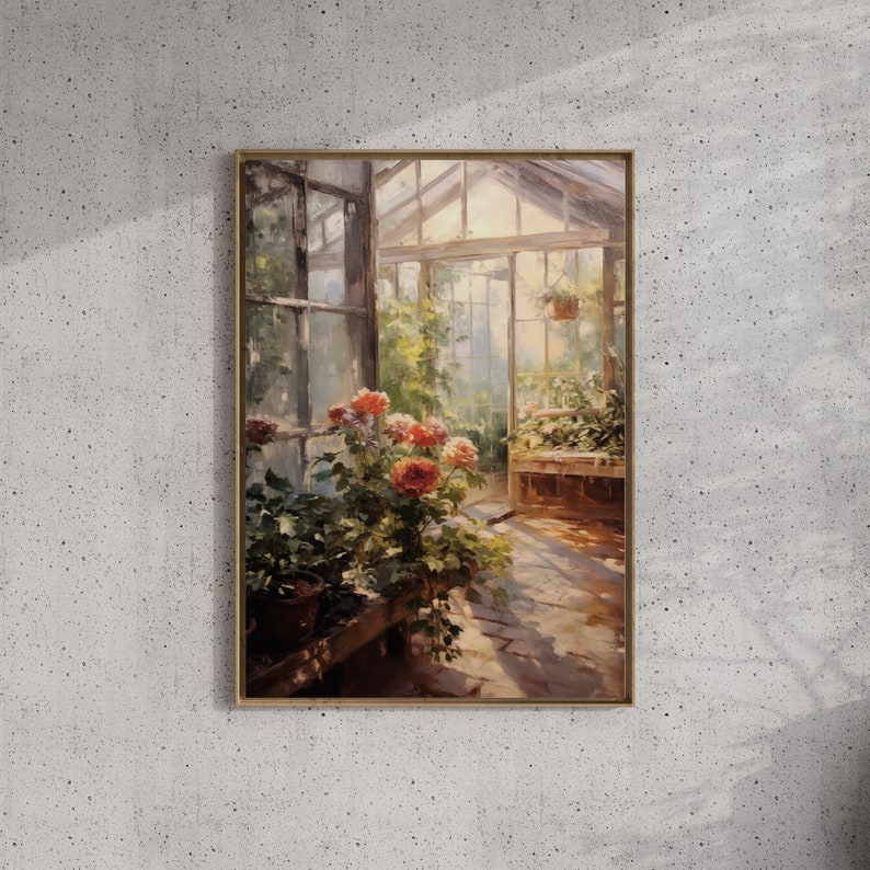 May include: A painting of a greenhouse with a wooden bench and a potted plant with red flowers. The greenhouse is filled with greenery and sunlight streams through the glass roof.