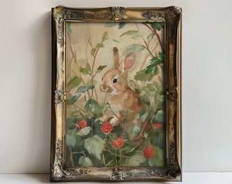 Rabbit in Raspberries | Cottagecore Room Decor, Vintage Easter Prints, Animal Wall Art, Botanical Painting Printable, Farmhouse Decor