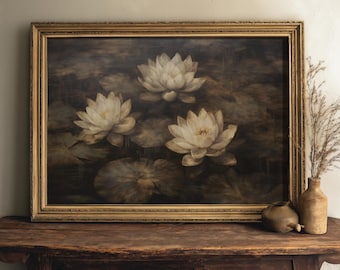 Water Lilies | Dark Cottagecore Wall Art, Dark Academia Prints, Lake House Decor, Moody Painting Print, Vintage Aesthetic, Nature Artwork