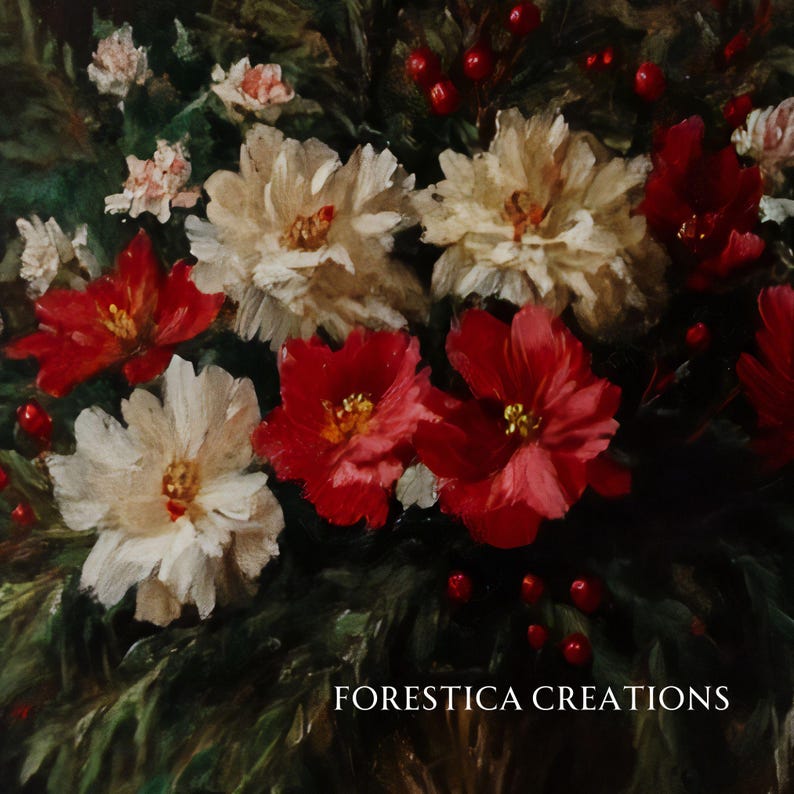 May include: A painting of a bouquet of white and red flowers with green leaves and red berries. The flowers are arranged in a vase and the painting is signed "FORESTICA CREATIONS".