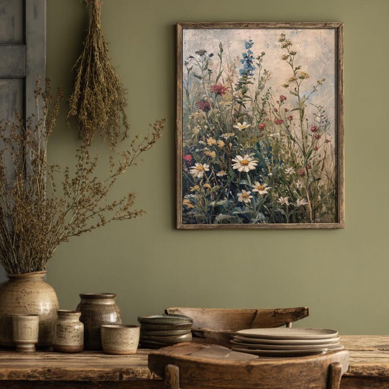 Botanical wall art featuring a moody interpretation of wildflowers, ideal for spring decor.