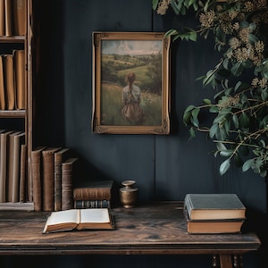 A vintage inspired oil painting print evoking the timeless allure of rural life, suited for bookish decor and rustic settings.