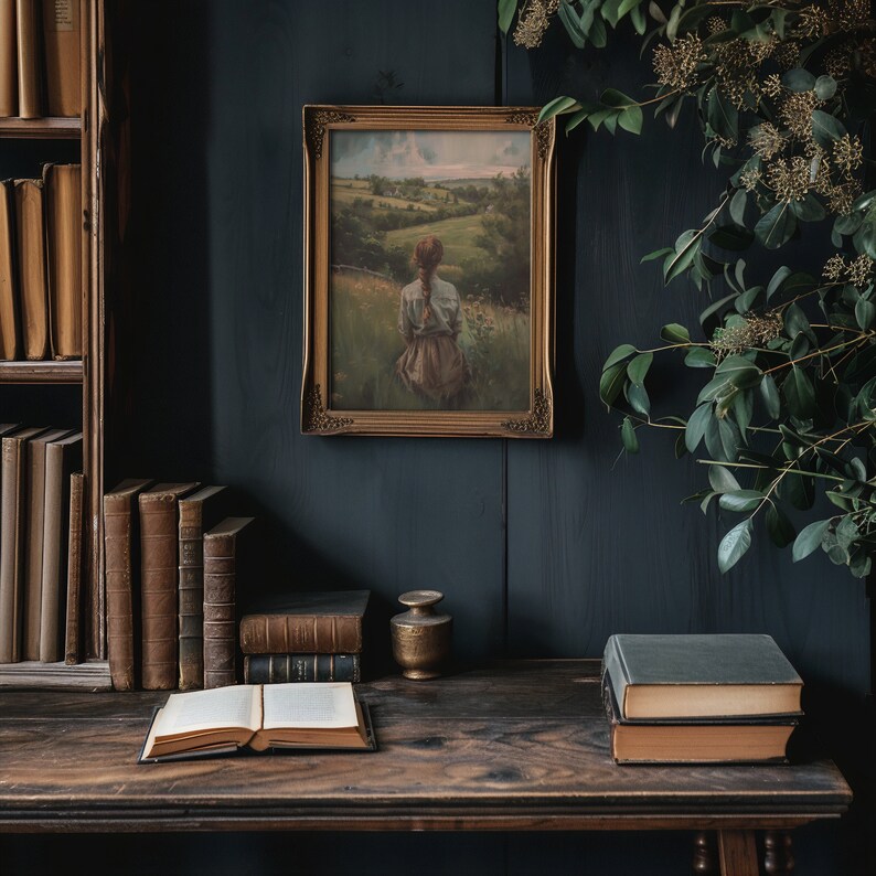 A vintage inspired oil painting print evoking the timeless allure of rural life, suited for bookish decor and rustic settings.