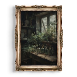 Cozinha Herbal | Arte Dark Cottagecore, Decoração de Bruxa, Estética Verde Escuro, Pintura Floral Vintage, Estampas Botânicas, Decoração de Quarto de Bruxa