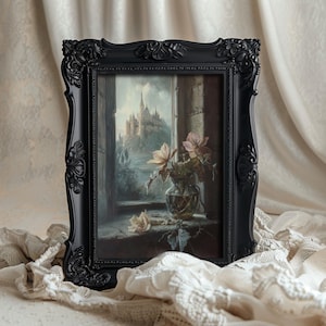 Moody wall art with a vintage oil painting style featuring a floral still life in a window with a medieval castle, blending dark fantasy art and Victorian aesthetics.